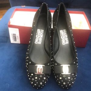 New Ferragamo Vara Suede Heels with Crystals